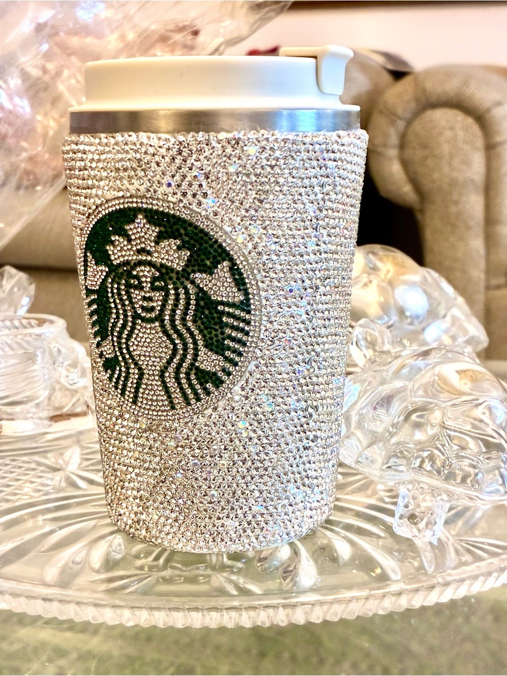 Beautiful Rhinestone Encrused Silver Crystal Tumbler ;Temperature Checked